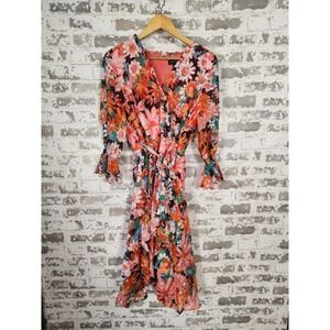 Tahari Arthur S. Levine Faux Wrap Dress Size 8 Red Pink Floral Belted 3/4 Sleeve